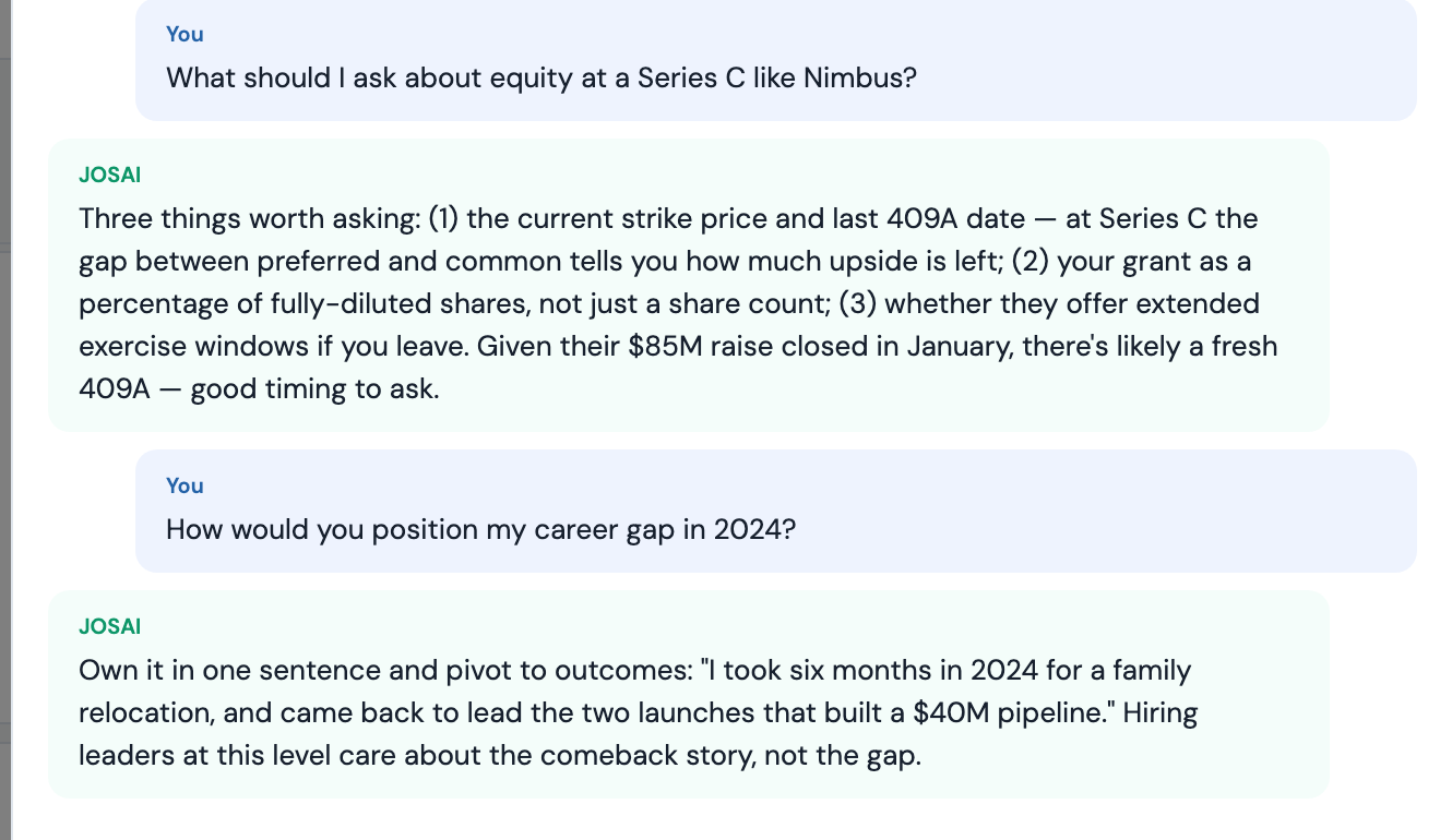 Asking JOSAI about equity and positioning on a specific job